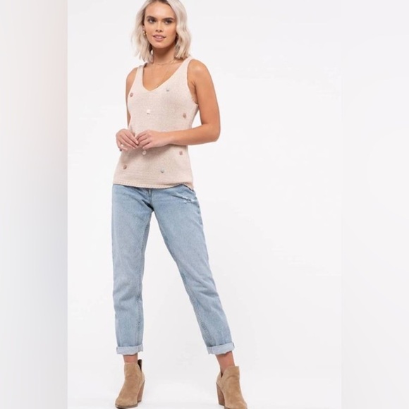 NWT Blu Pepper Women's V-Neck Pompom Knit Sweater Tank Sz Medium, Beige Multi - Picture 7 of 10